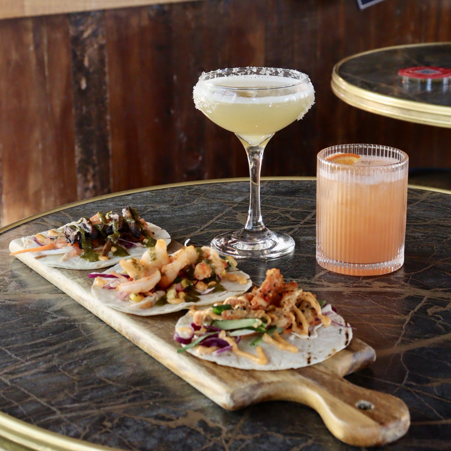 Taco Tuesdays at Lil Darlin. Classic & Blood Orange Margarita & Chicken, Prawn & Mushroom Tacos